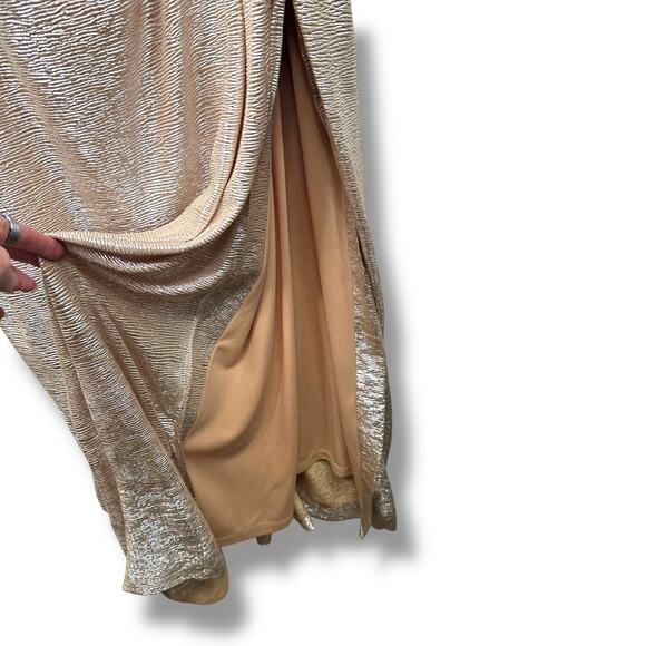 Calvin Klein Gold Metallic Sequin Off-the-Shoulder Ruched Maxi Evening Gown 16W - Picture 7 of 11